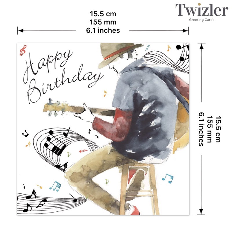 Twizler Happy Birthday Card for Him - Guitar Man with Watercolour Effect - Mens Music Birthday Card for Male Son Brother Boyfriend Friend - Image 3